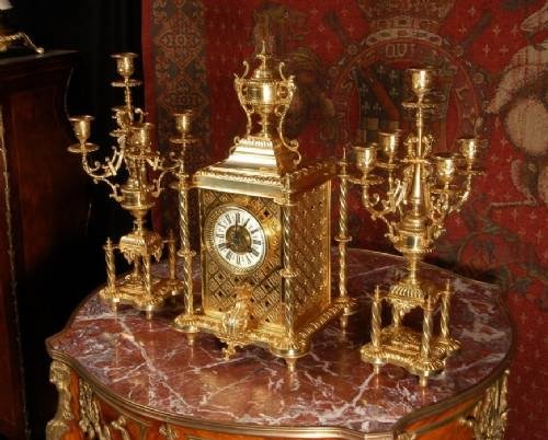 fig 1. Stunning Antique French Gothic Table Clock Set by Samuel Marti French - Circa 1880